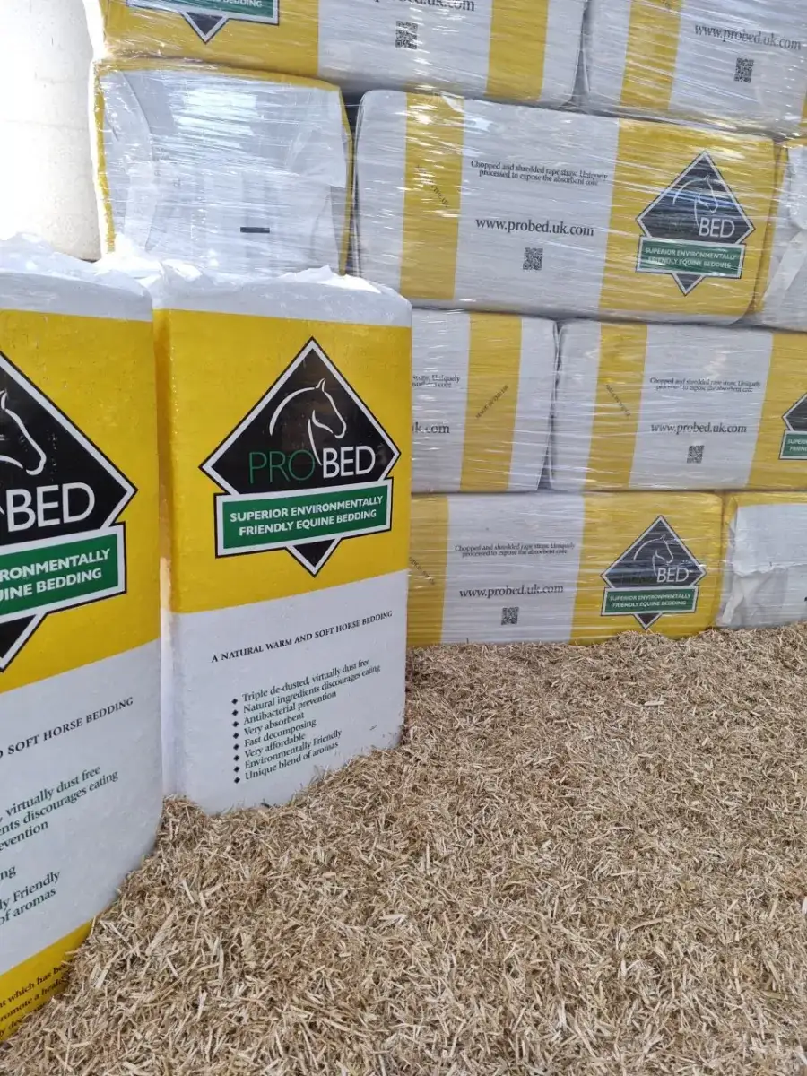 Stacked, shrink-wrapped bales of ProBed equine bedding